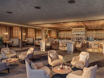 Moderne Bar mit Holzvertäfelung, mehreren Sitzbereichen mit Sesseln und Barhockern sowie beleuchteten Regalen mit Flaschen im Hintergrund