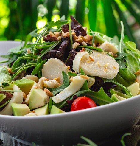 Salat mit Rucola, Avocado, Tomate, Mozzarella und Nüssen in weißer Schale