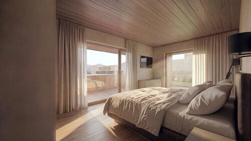 Schlafzimmer mit großem Bett, Holzwänden und -boden, Zugang zu Balkon mit Sitzmöbeln