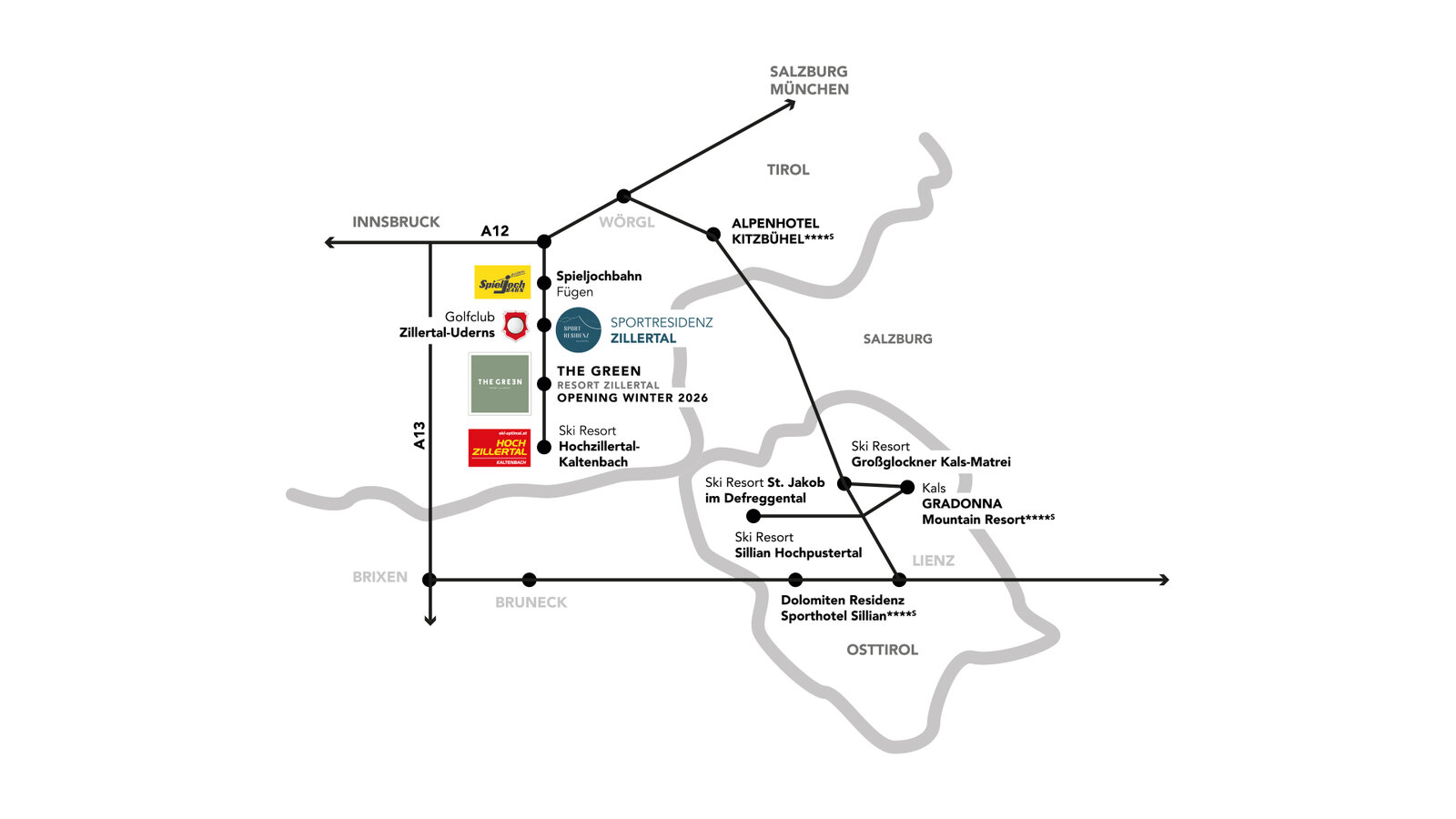 Verkehrsspinne mit Anfahrt zum Hotel THE GREEN im Zillertal