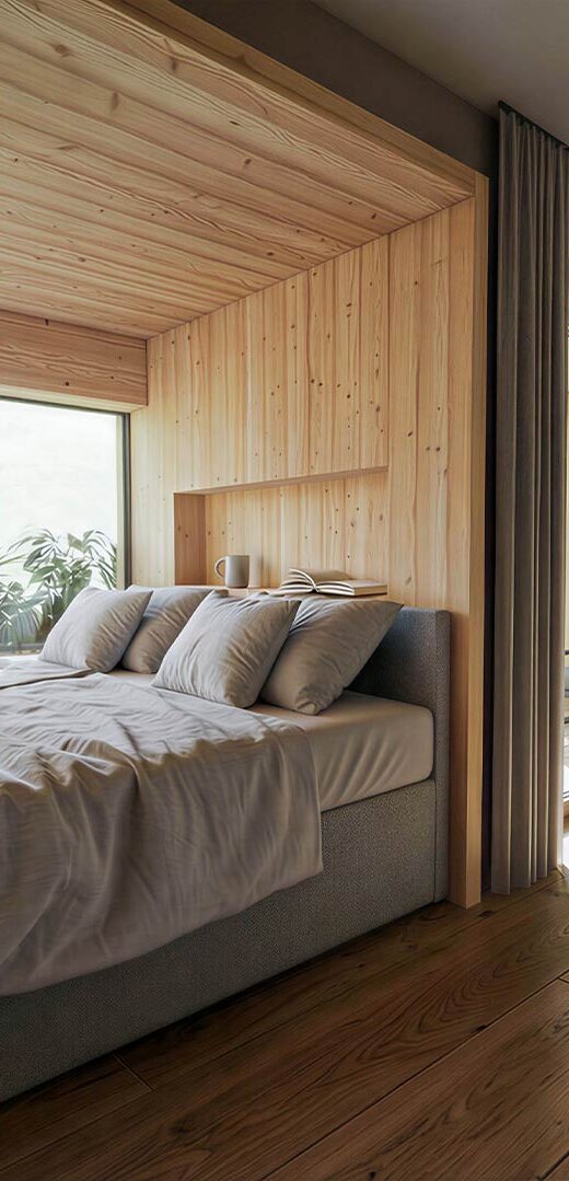 Schlafzimmer mit großem Bett, Holzwänden und -boden, Pflanzen am Fenster und Zugang zu Balkon mit Sitzmöbeln
