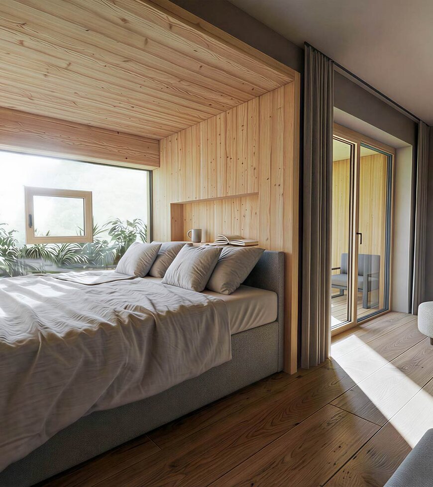 TheGreen-Visualisierung-Zimmer-1 Schlafzimmer mit großem Bett, Holzwänden und -boden, Pflanzen am Fenster und Zugang zu Balkon mit Sitzmöbeln