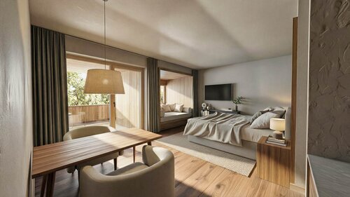 Modern eingerichtetes Schlafzimmer mit großem Bett, Holzboden, Esstisch mit Stühlen und großem Fenster mit Blick auf einen Balkon